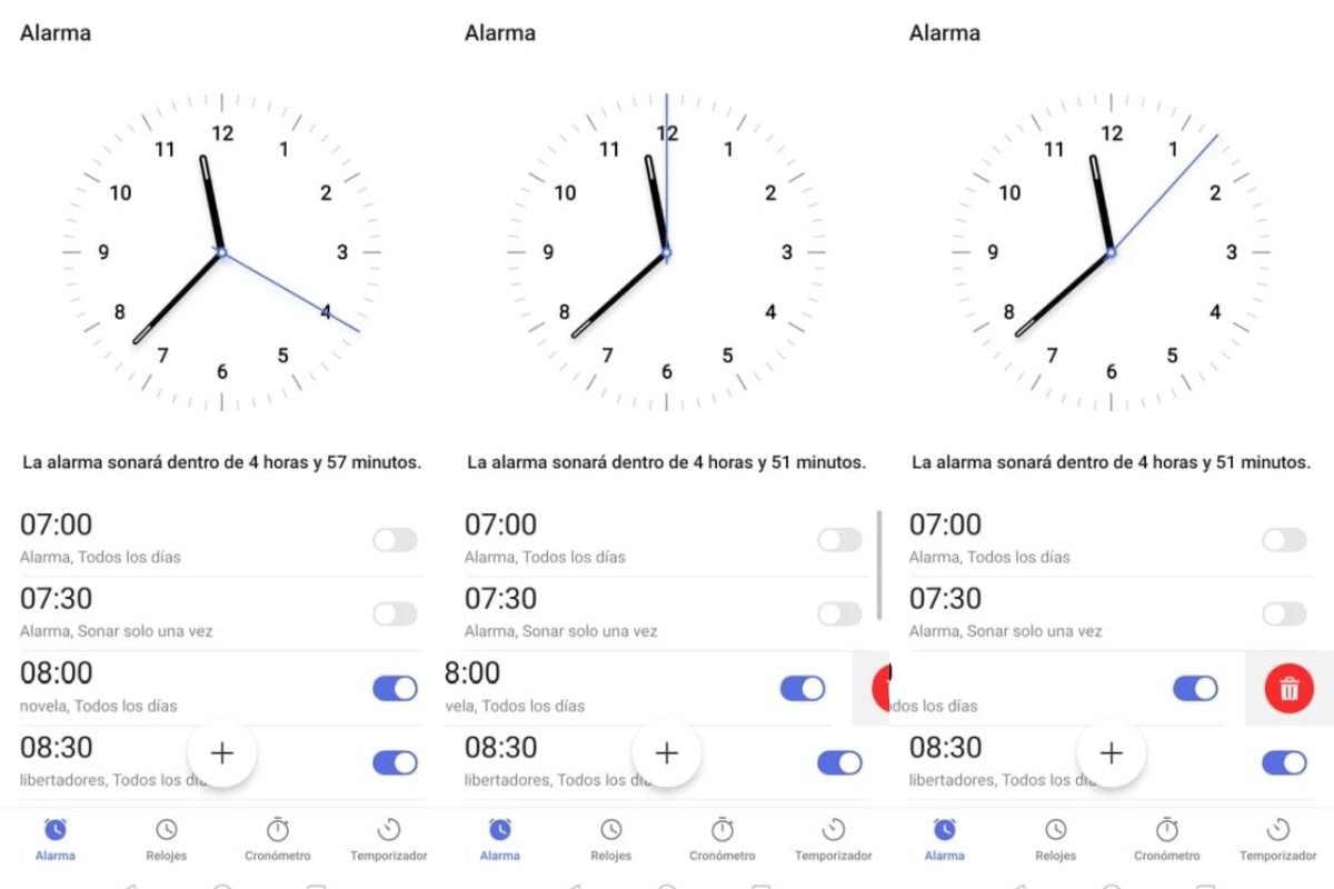 Al deslizar el dedo hacia la izquierda aparecerá el icono rojo del tacho de basura que permite borrar la alarma. (Foto: Mag / El Comercio)