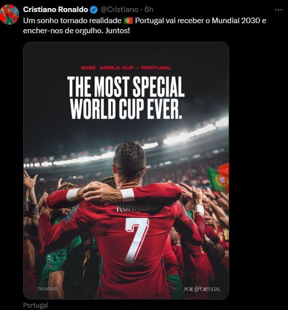 La publicación de Cristiano Ronaldo tras la noticia del Mundial 2030. (X)