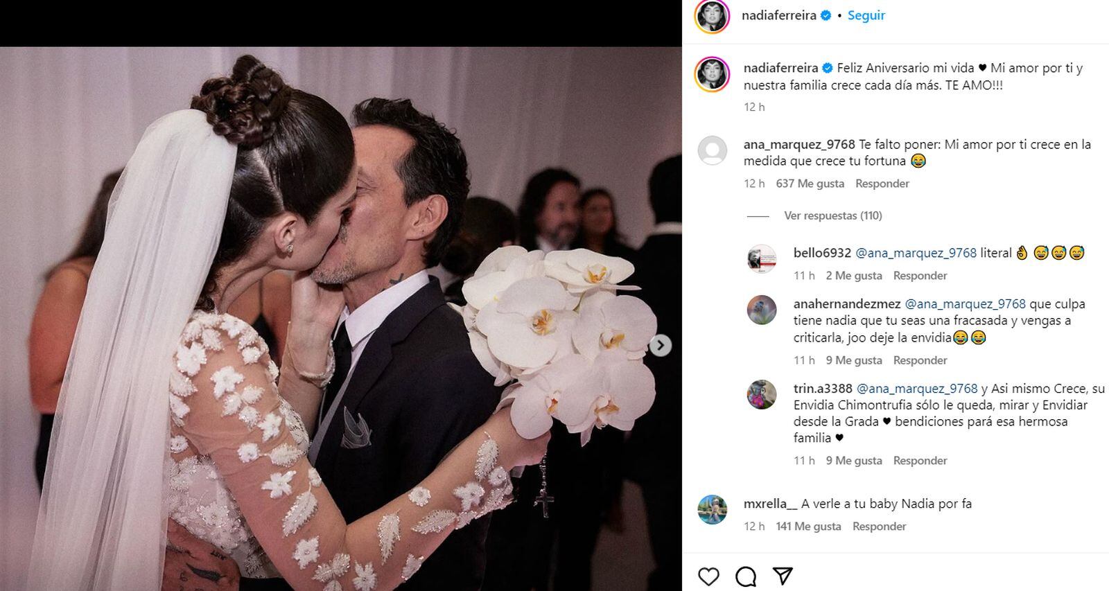 Nadia Ferreyra y Marc Anthony celebran su primer aniversario de bodas (Foto: Nadia Ferreyra y Marc Anthony /Instagram)