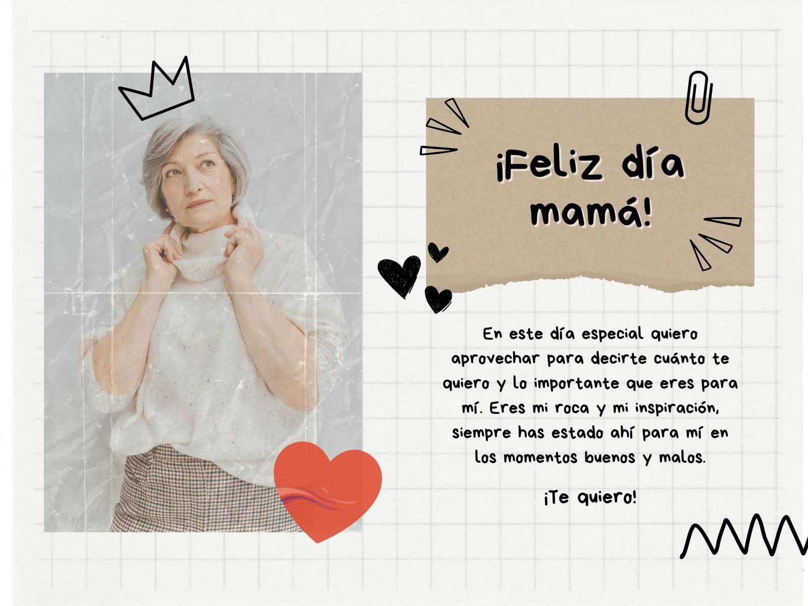 ¡Feliz día, mamá! En este día especial quiero aprovechar para decirte cuánto te quiero y lo importante que eres para mí. Eres mi roca y mi inspiración, siempre has estado ahí para mí en los momentos buenos y malos. ¡Te quiero! | Foto: pinterest.com / canva.com