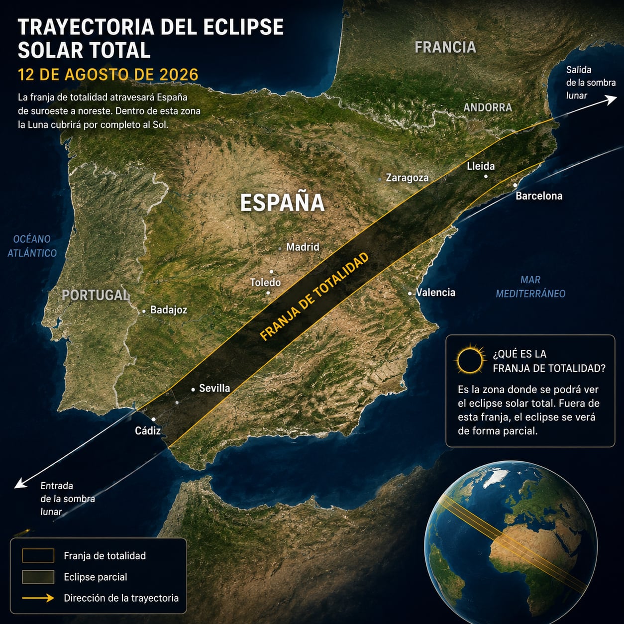 MADRID (ESPAÑA), 12/08/2026.- La trayectoria del eclipse solar total atravesará el norte de España de oeste a este el 12 de agosto de 2026, desde Galicia hasta el Mediterráneo y las islas Baleares. Dentro de esta franja, la Luna cubrirá completamente el disco solar durante unos instantes. FOTO DE NOÉ YACTAYO