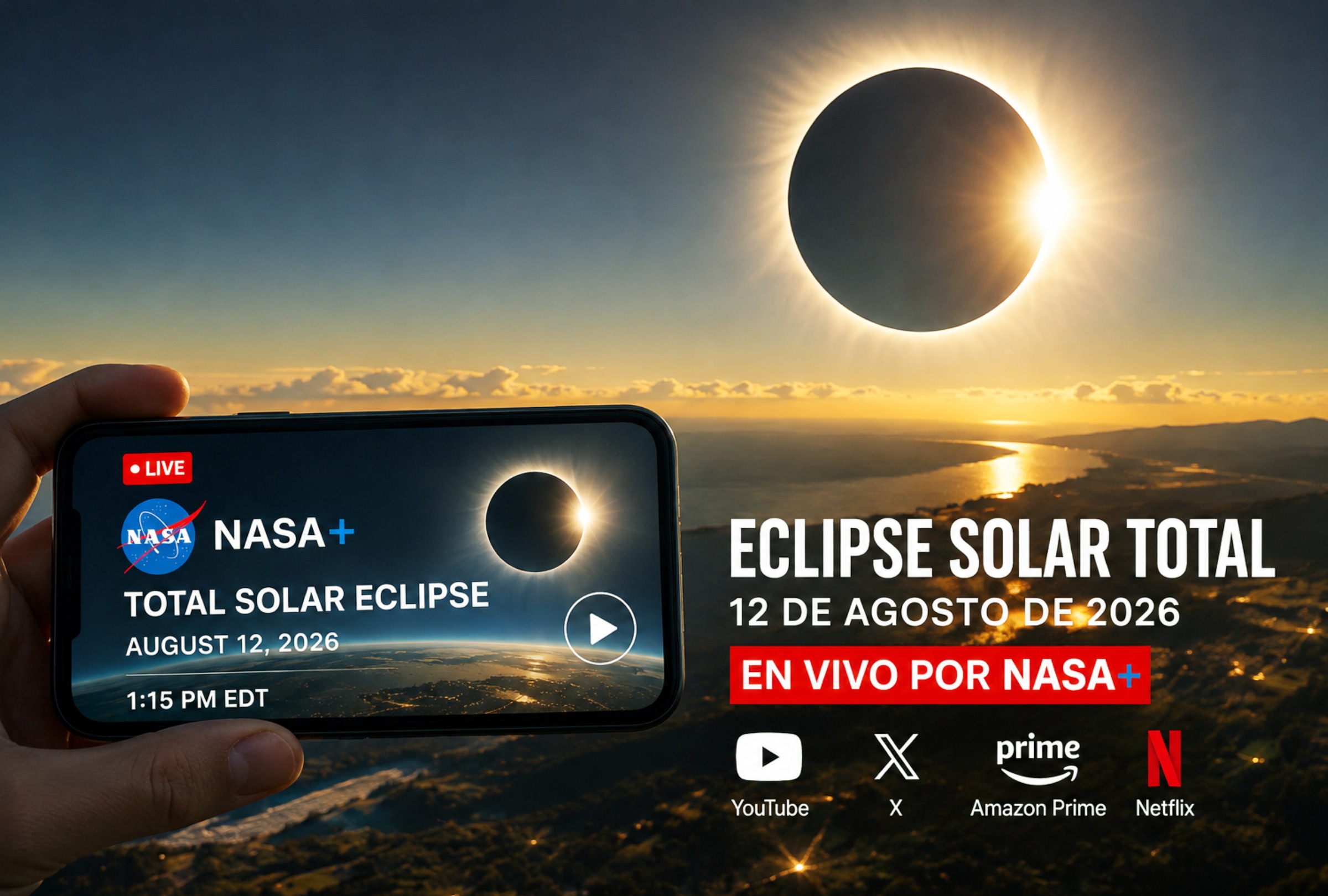 ESTADOS UNIDOS, 12/08/2026.- Cobertura oficial de NASA TV PLUS EN VIVO ONLINE GRATIS para mirar el eclipse solar total del 12 de agosto en los Estados Unidos, España y en diferentes países del mundo. FOTO DE NOÉ YACTAYO CON IMAGEN DE NASA TV