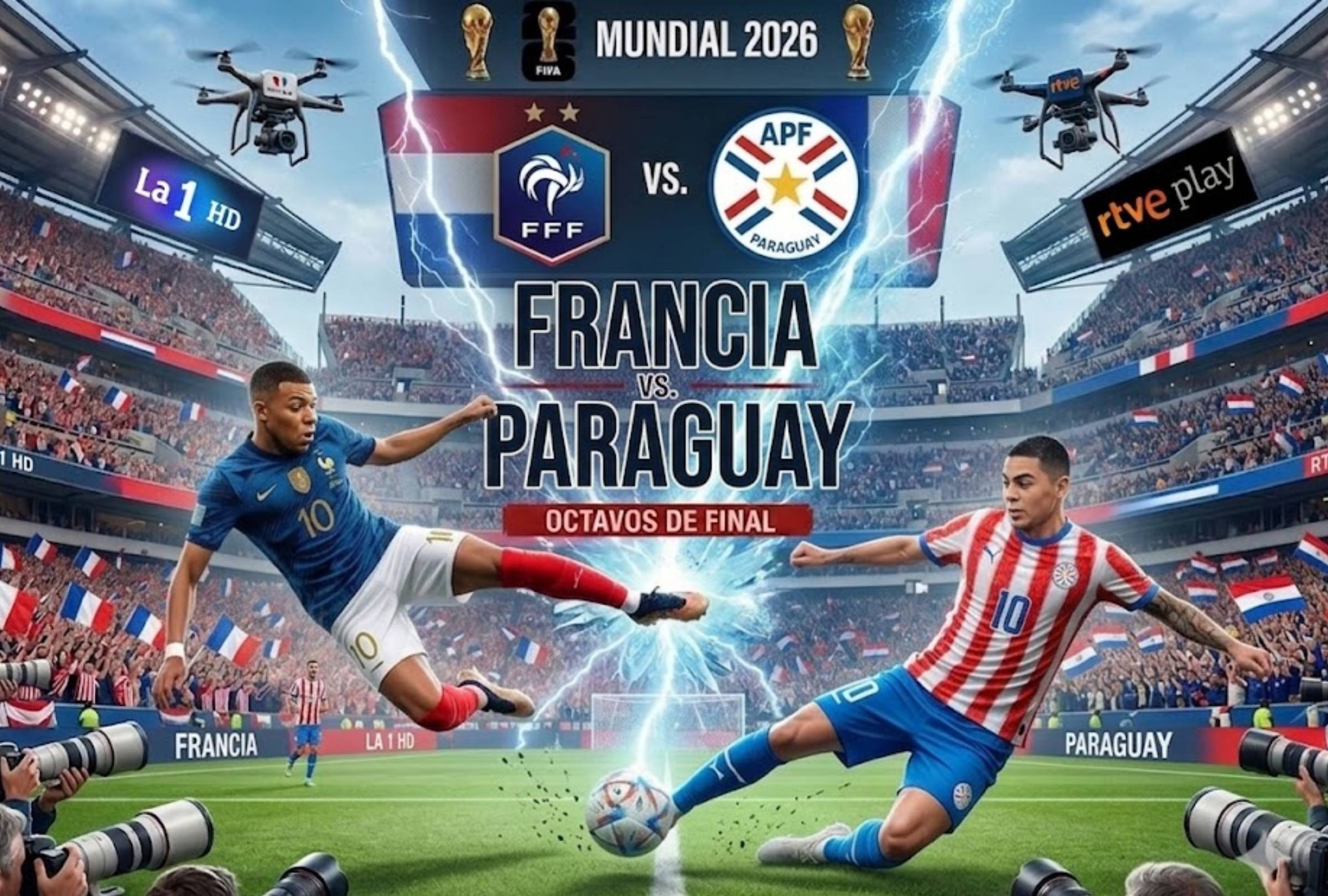 FILADELFIA, PENSILVANIA, (ESTADOS UNIDOS), 4/07/2026.- RTVE Play y La 1 HD te llevarán EN DIRECTO el partido Paraguay vs. Francia hoy por los octavos de final del Mundial 2026 desde Lincoln Financial Field, Filadelfia, Pensilvania, Estados Unidos. Imagen creada por Gemini.