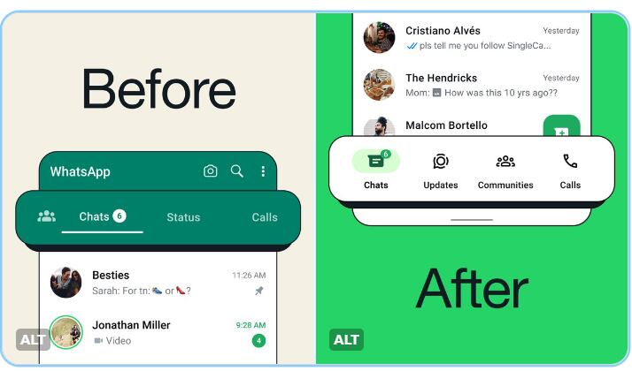 El antes y después de la interfaz principal de WhatsApp. (Foto: Meta)