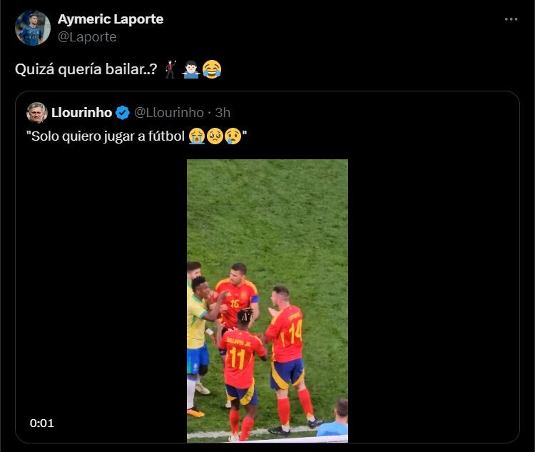 La respuesta de Laporte en redes ante la acción de Vinicius. (Foto: Captura de X)