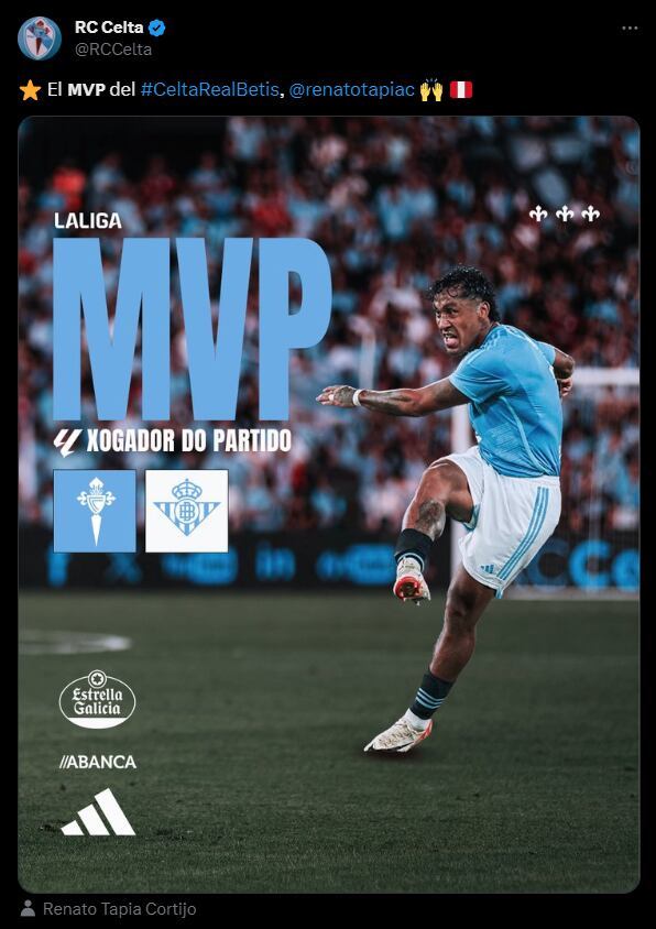 Renato Tapia fue elegido como el mejor jugador de Celta de Vigo, tras el duelo ante Betis. (Foto: Twitter)