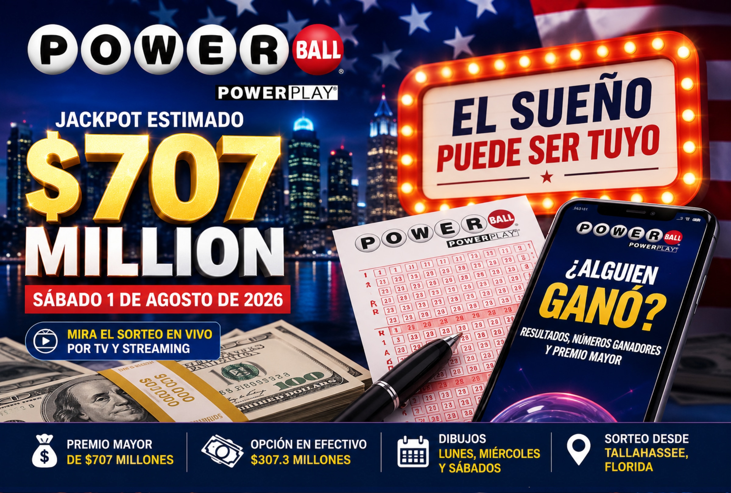 TALLAHASSEE, FLORIDA (ESTADOS UNIDOS), 01/08/2026.- Números de Powerball hoy: sigue los resultados, Power Play, horario y tabla de premios del sorteo del 1 de agosto de 2026. FOTO DE NOÉ YACTAYO