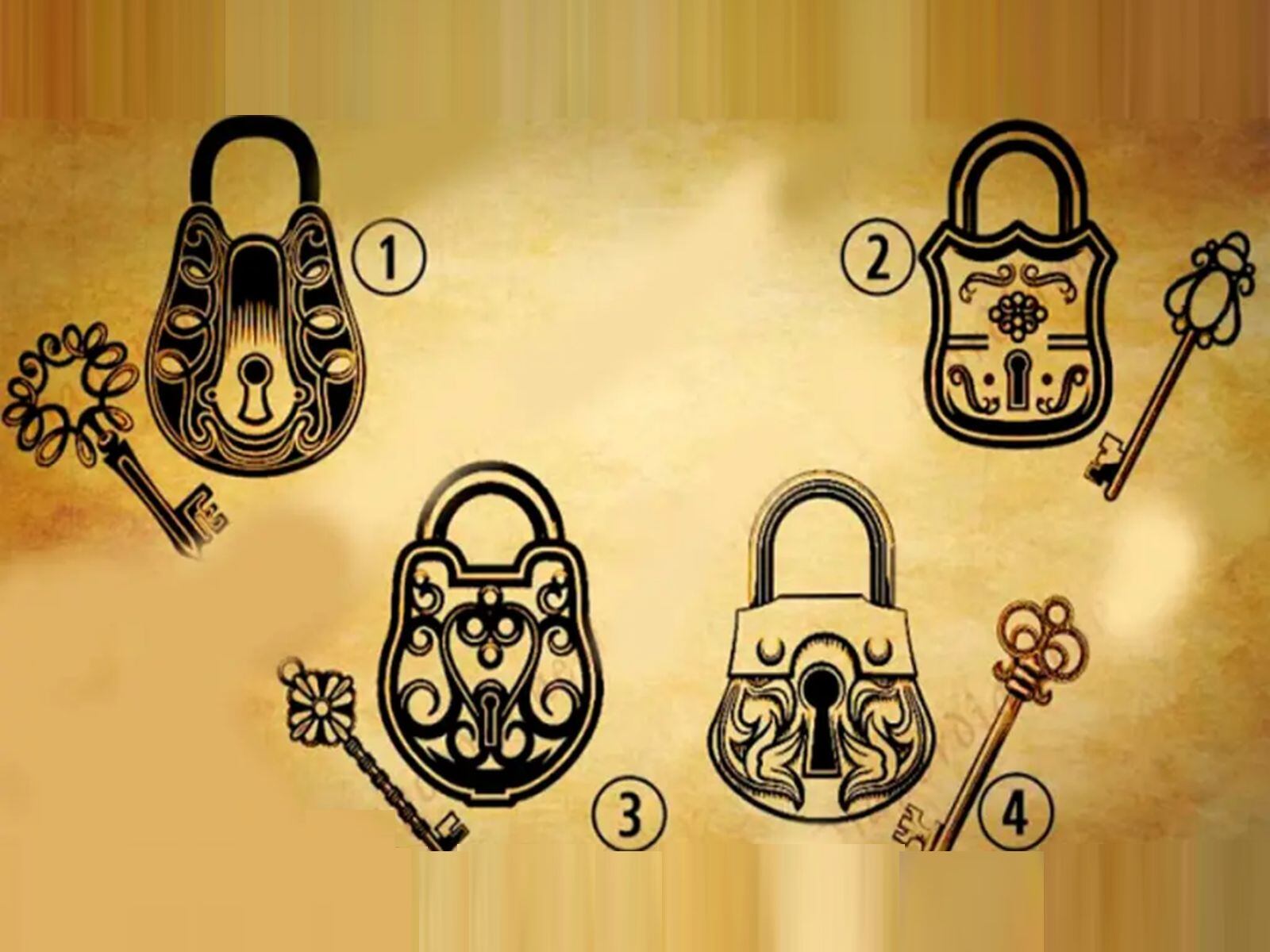 TEST VISUAL | Esta imagen te muestra cuadro candados en total. Cada uno aparece con su respectiva llave. ¿Cuál deseas abrir? (Foto: namastest.net)