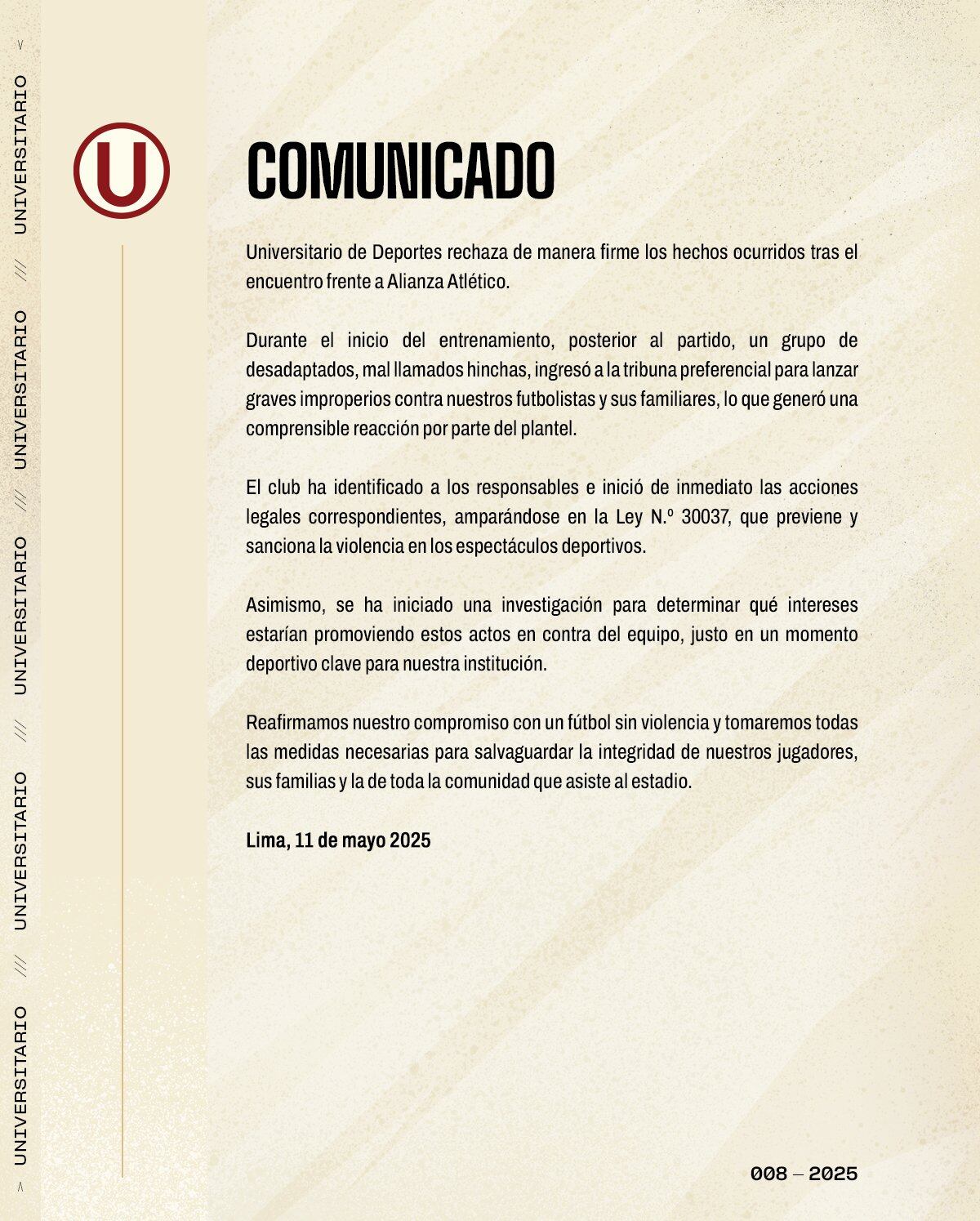 Universitario y su postura contra los barristas que irrumpieron el Estadio Monumental. (Imagen: Universitario)