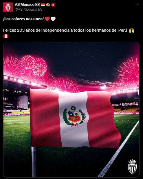 AS Mónaco saludó a Perú por 203 años de Independencia. (Captura: X)