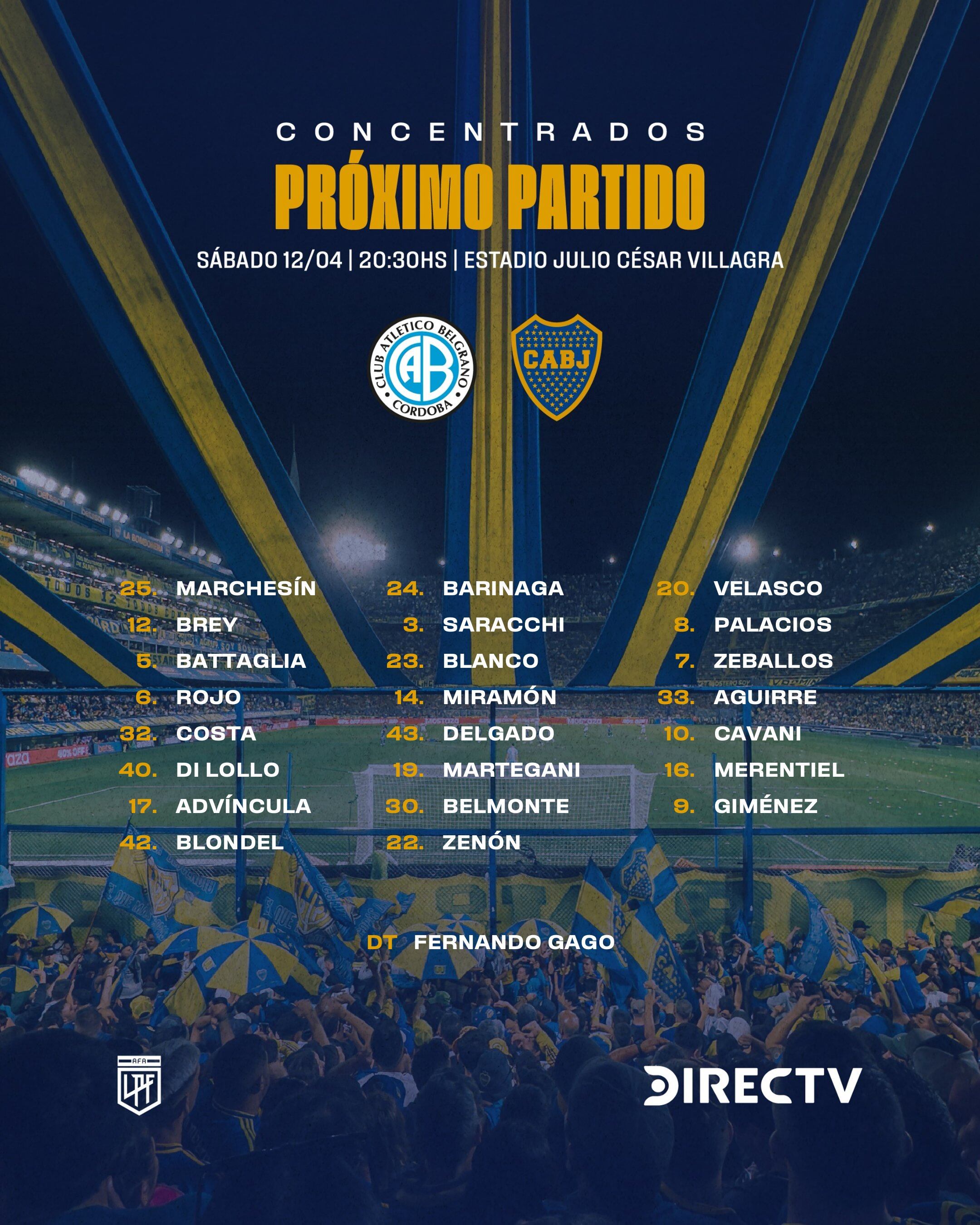 Lista de convocados de Boca Juniors para su partido ante Belgrano por la fecha 13.