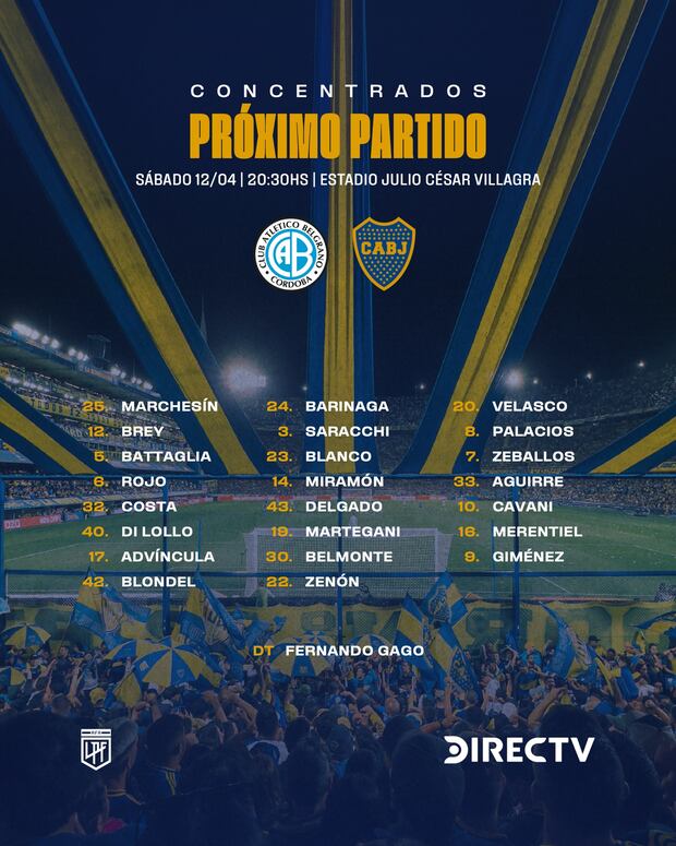 Lista de convocados de Boca Juniors para su partido ante Belgrano por la fecha 13.