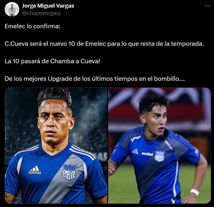 Diferentes medios ecuatorianos destacaron la presencia de Cueva en Emelec. (Captura X)