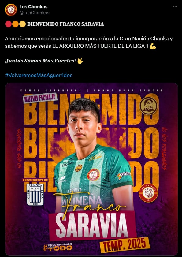 Franco Saravia fue anunciado como nuevo jugador de Los Chankas. (Captura: X)