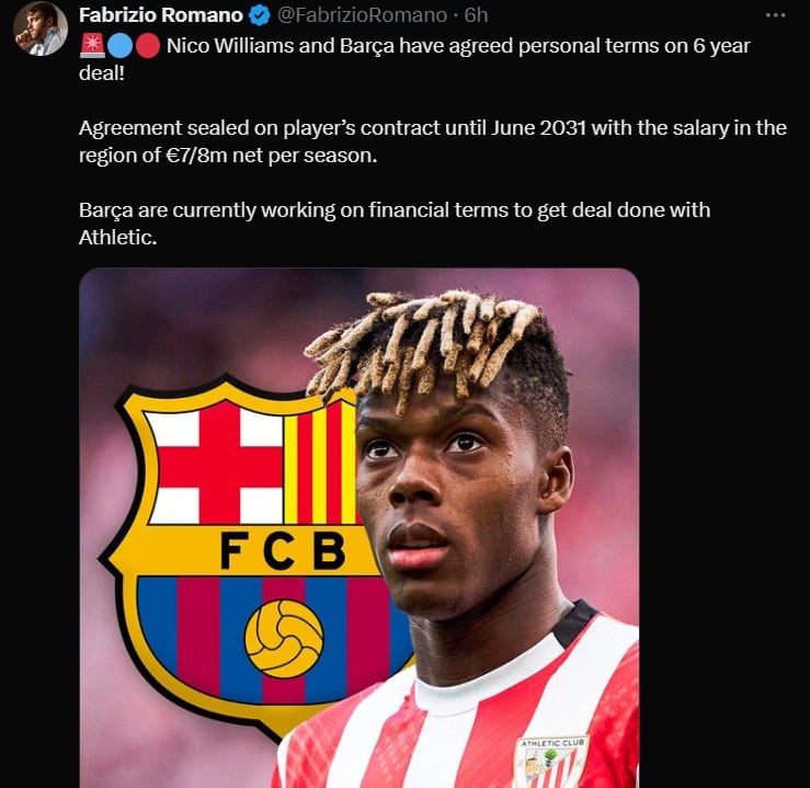 La noticia de la llegada de Nico Williams al FC Barcelona publicada por Fabrizio Romano. (Captura X)