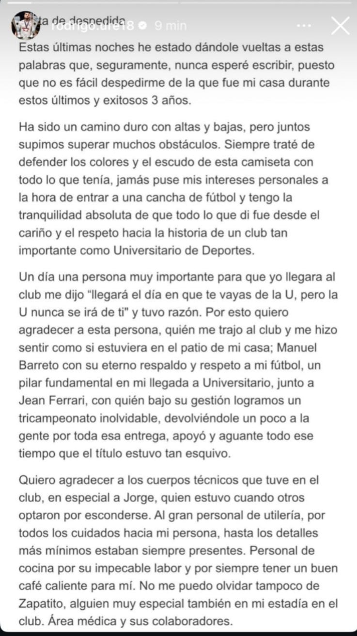 Rodrigo Ureña se despidió de Universitario. (Foto: Instagram)