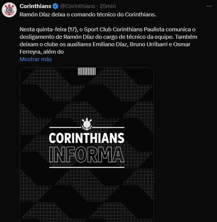 Comunicado de Corinthians en sus redes sociales anunciando la salida de Ramón Díaz.