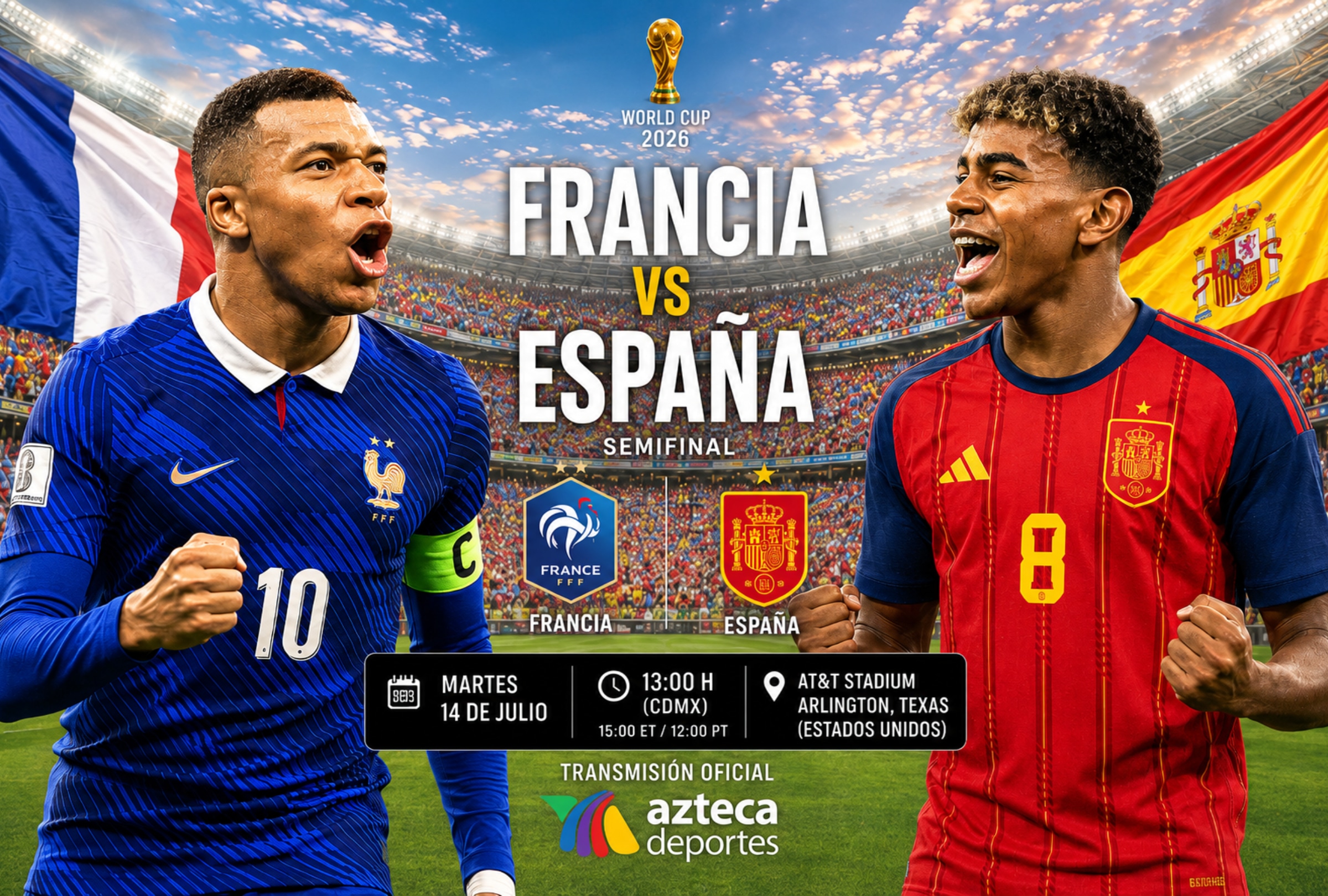 DALLAS, TEXAS (ESTADOS UNIDOS), 14/07/2026.- Cobertura oficial de AZTECA 7 EN VIVO GRATIS para mirar el partido Francia vs. España hoy por la semifinal de la Copa Mundial FIFA 2026 en el AT&T Stadium de Arlington en Dallas, Texas (Estados Unidos). FOTO DE NOÉ YACTAYO