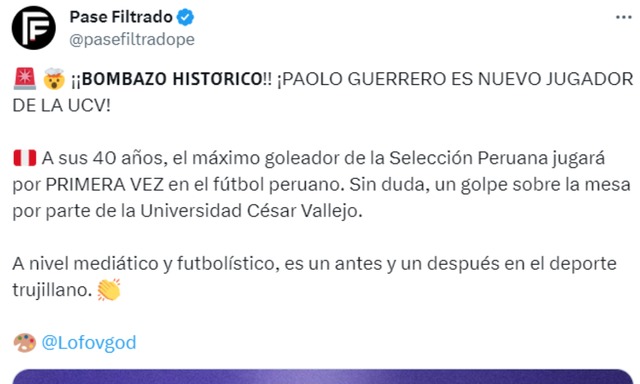 Reacción en redes sociales por la llegada de Paolo Guerrero a César Vallejo. (Foto: Captura de Twitter)