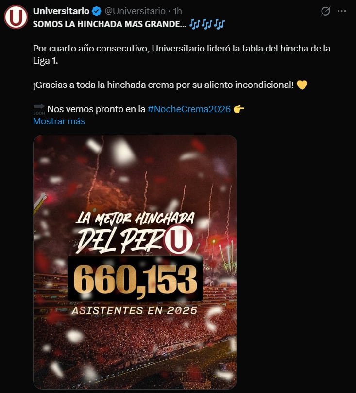 Universitario felicitó a sus hinchas por el récord de asistencia logrado en Liga 1. (Foto: Captura X)