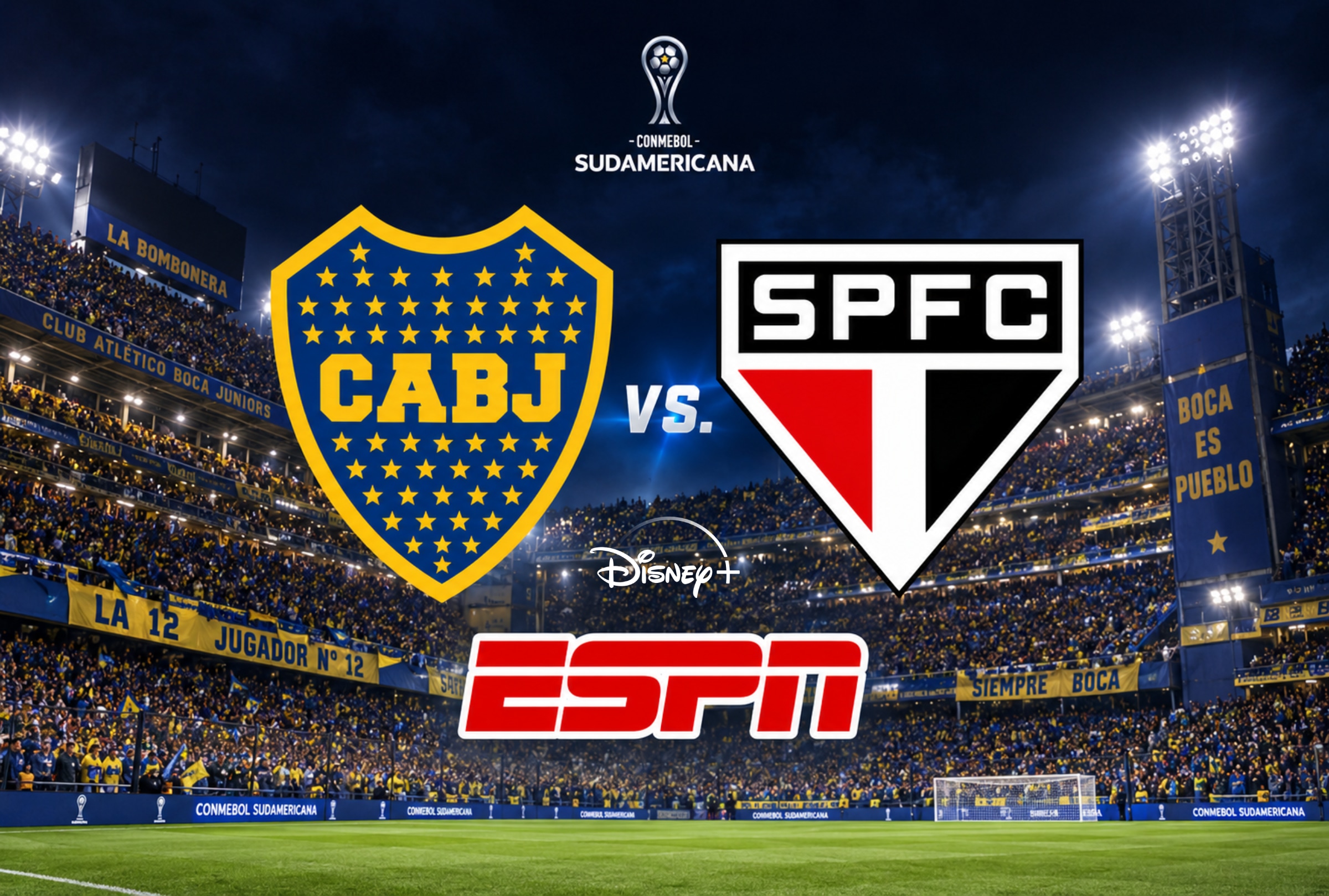 BUENOS AIRES (ARGENTINA), 08/09/2026.- Cobertura oficial de ESPN para ver el partido Boca Juniors vs. Sao Paulo hoy por la ida de los cuartos de final de la Copa Sudamericana 2026 en el estadio La Bombonera de Buenos Aires. FOTO DE NOÉ YACTAYO