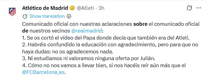 Respuesta del Atlético tras comunicado del Real Madrid. (Foto: X)