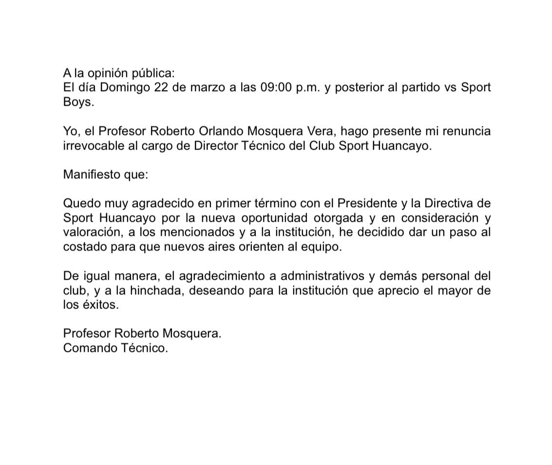 El estratega peruano presentó su carta de renuncia al conjunto huancaíno. (Foto: Difusión X)