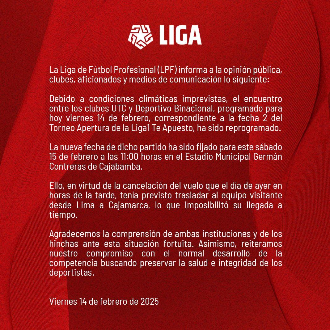 UTC vs Binacional se iban a enfrentar hoy, 14 de febrero, sin embargo, el partido fue reporgramado por condiciones climáticas.