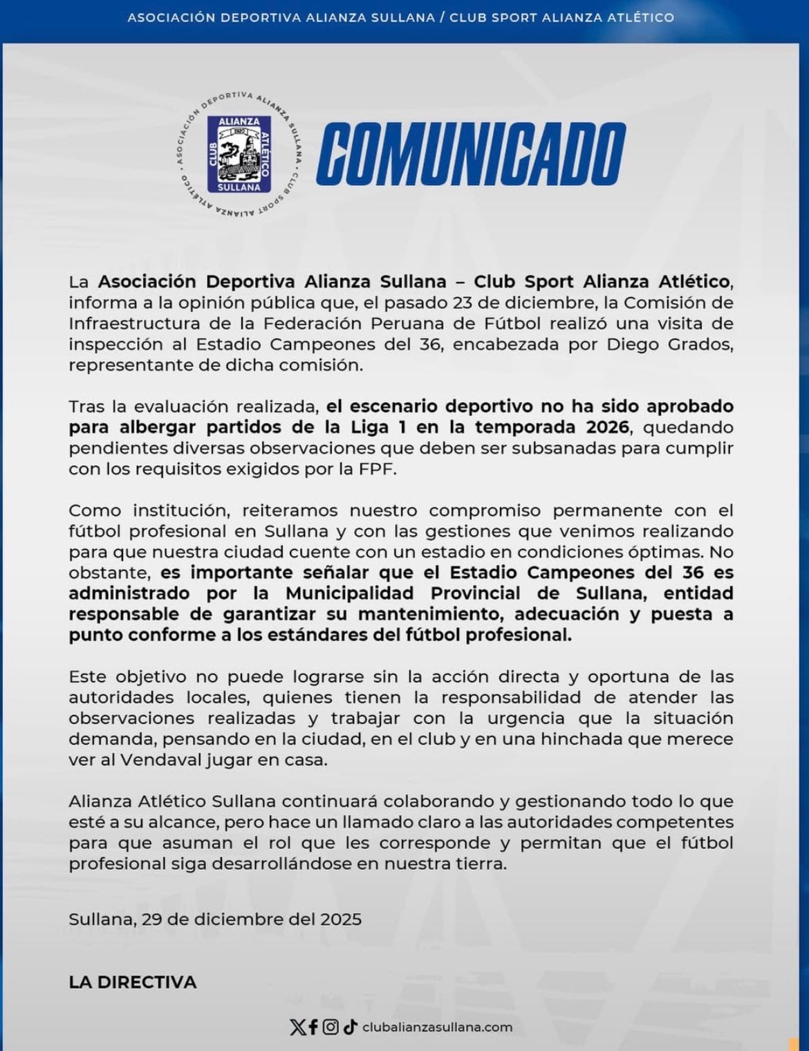 Alianza Atlético de Sullana confirmó que la FPF inhabilitó el uso del Campeones del 36.