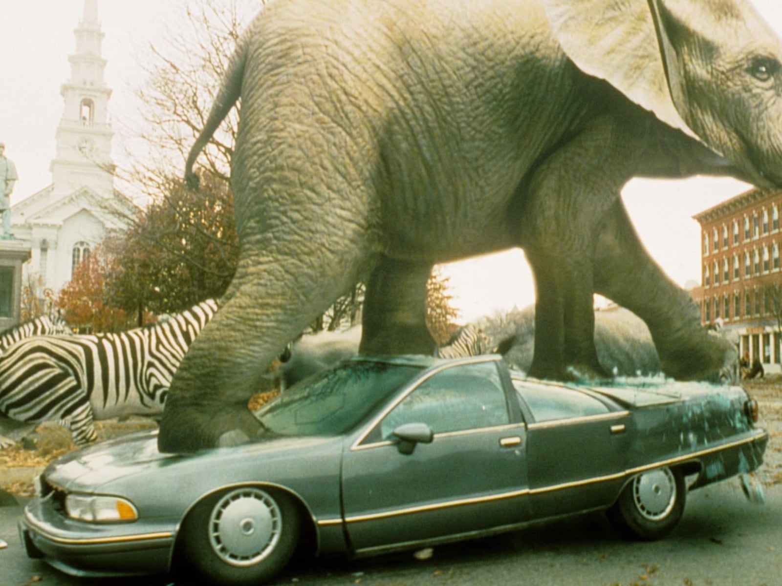 Un elefante pisando un auto en "Jumanji". La verdadera secuela iba a mostrar ese caos en la Casa Blanca (Foto: Teitler Film)