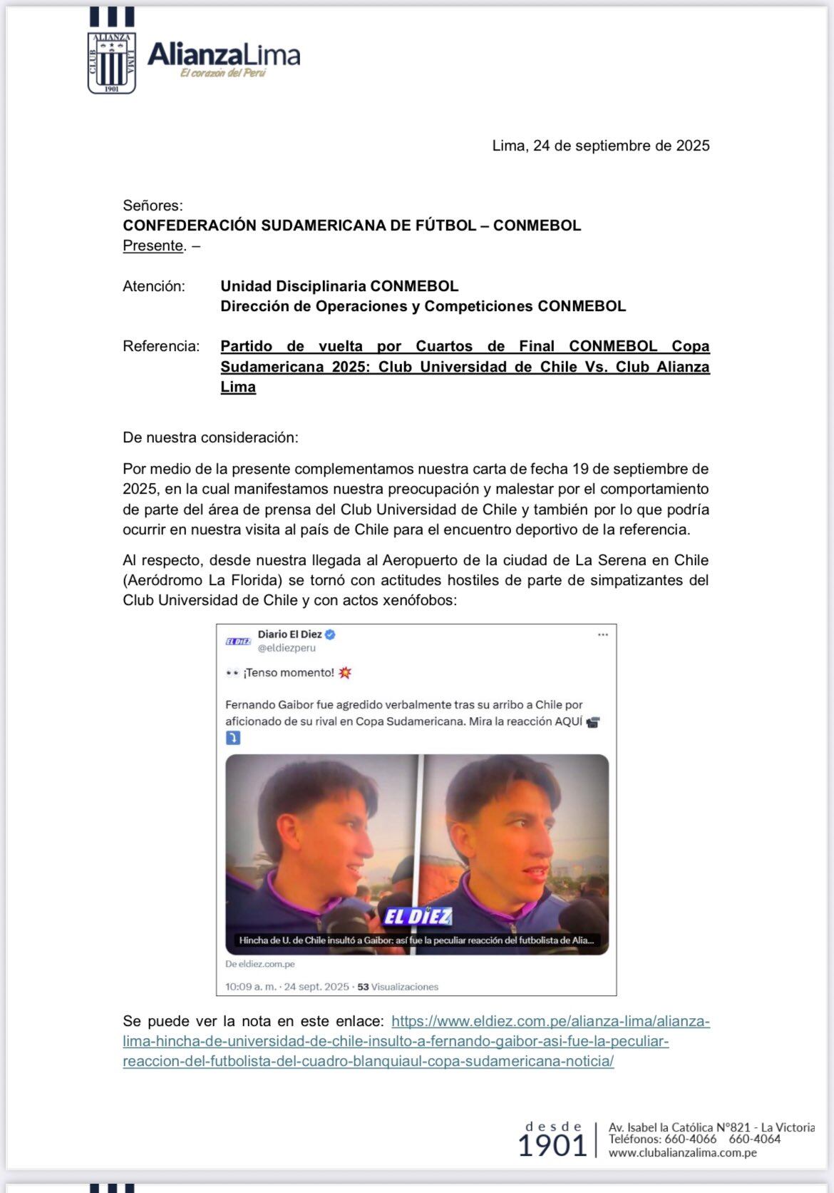 Carta presentada por Alianza Lima a la Conmebol. (Foto: @fernandahuapaya)