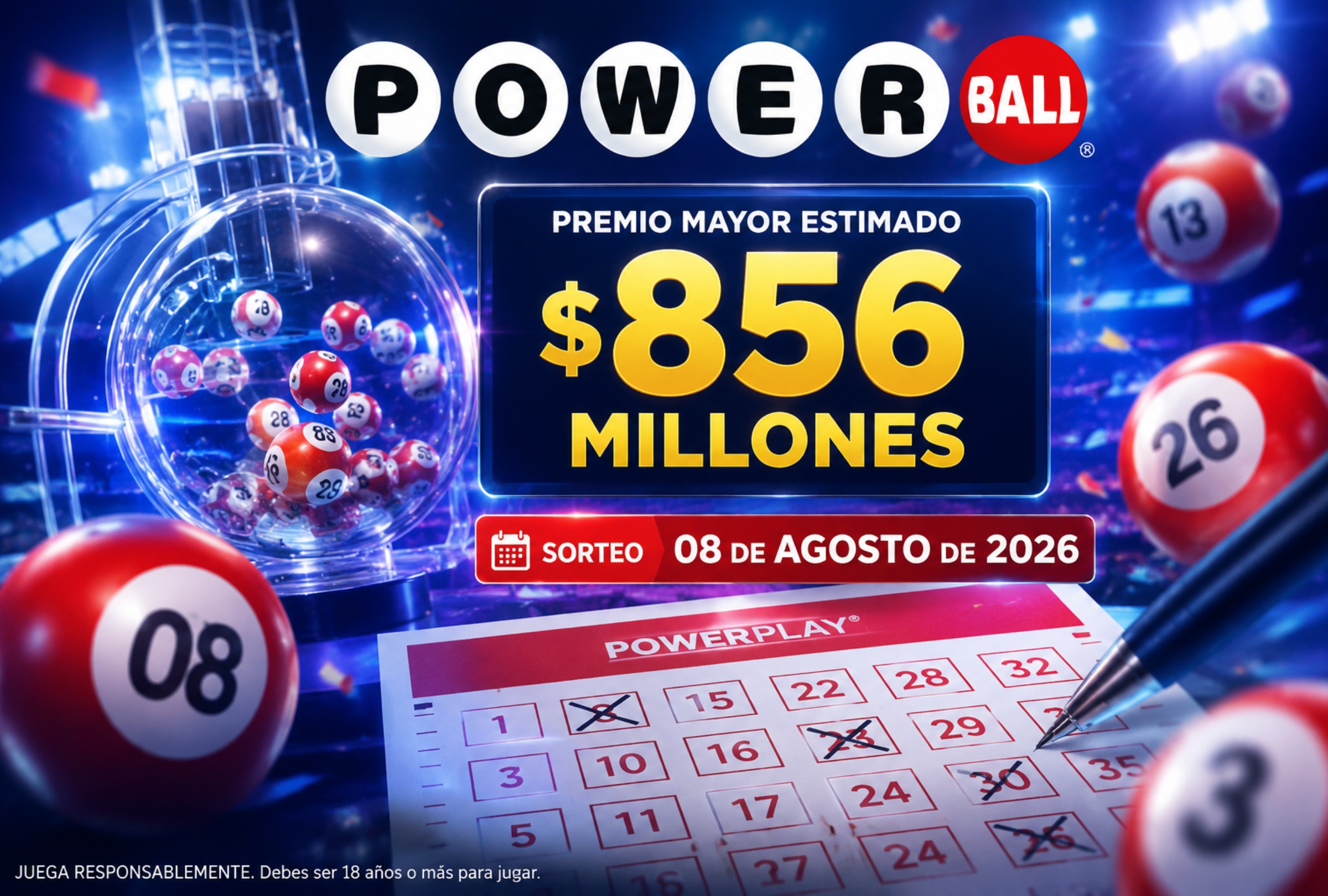 TALLAHASSEE, FLORIDA (ESTADOS UNIDOS), 08/08/2026.- Powerball hoy, 8 de agosto: conoce los números ganadores, resultados del sorteo, Powerball y Power Play del jackpot de $856 millones en Estados Unidos. FOTO DE NOÉ YACTAYO