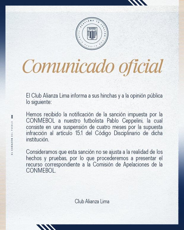 Comunicado de Alianza Lima sobre Pablo Ceppelini. (Foto: Alianza Lima)