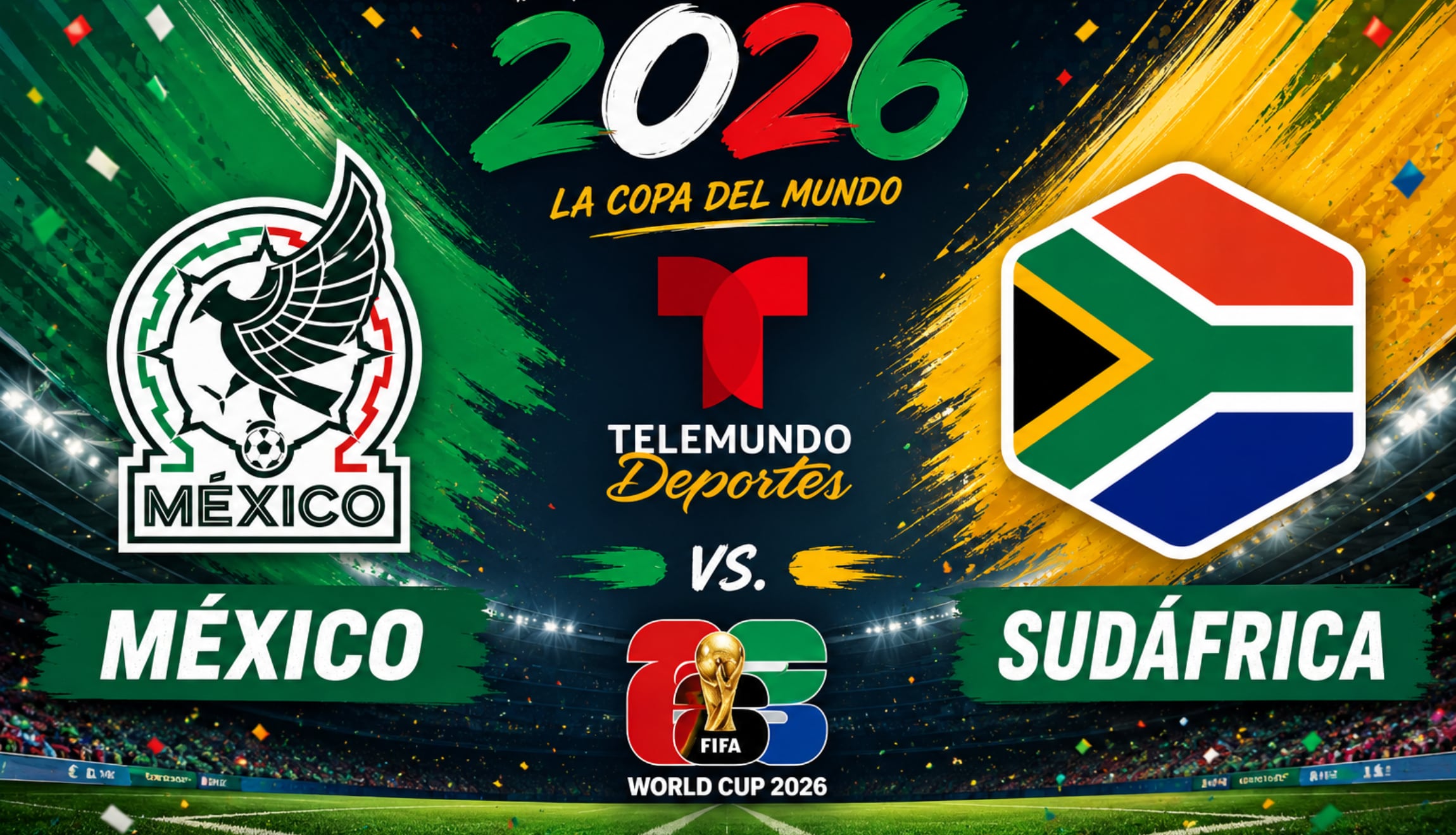 Señal de Telemundo Deportes ahora en vivo para seguir el juego de México vs. Sudáfrica en señal abierta, este jueves 11 de junio, por el debut en el Mundial 2026. (Foto: Imagen creada por Depor utilizando la IA de Chat GPT)