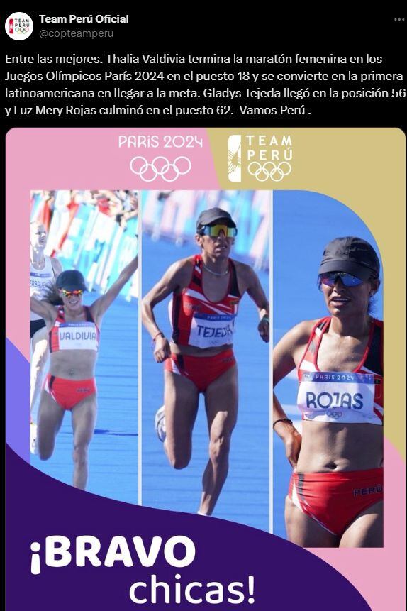 Thalía Valdivia, Gladys Tejeda y Luz Mery Rojas representaron este domingo a Perú en la maratón de los Juegos Olímpicos, dando por culminada la participación del equipo nacional.
