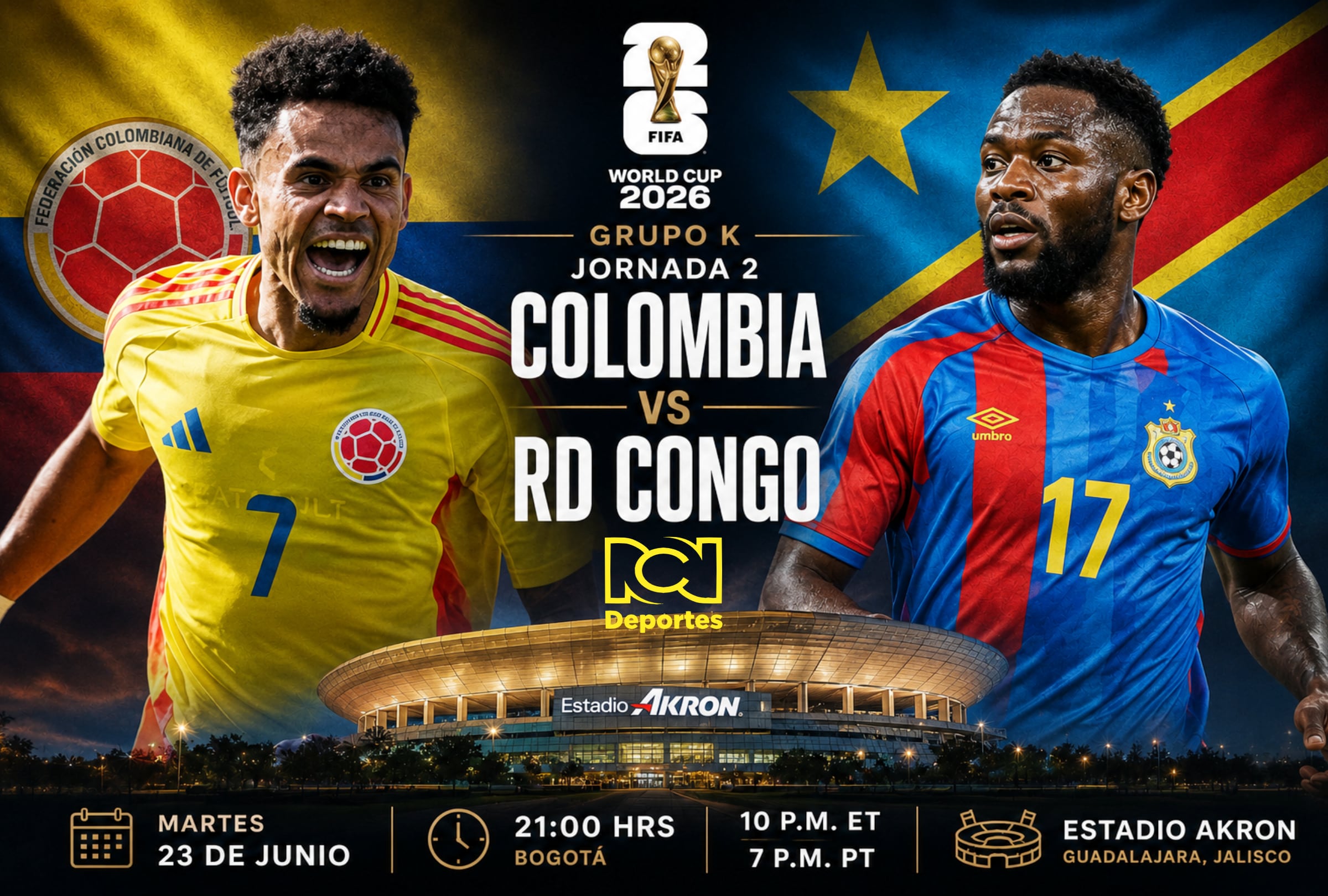 GUADALAJARA, JALISCO (MÉXICO), 23/06/2026.- Cobertura oficial de CANAL RCN EN VIVO GRATIS para ver el partido Colombia vs. RD Congo hoy por la fecha 2 del grupo K del Mundial 2026 en el Estadio Akron de Guadalajara, Jalisco. FOTO DE NOÉ YACTAYO