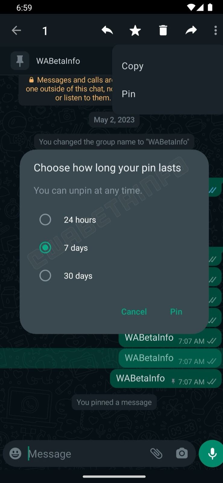 Vista previa de los mensajes fijados de WhatsApp. (Foto: WabetaInfo)