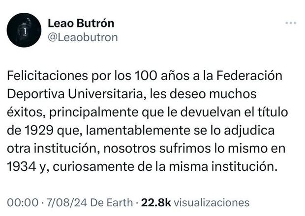La publicación de Leao Butrón en redes sociales.