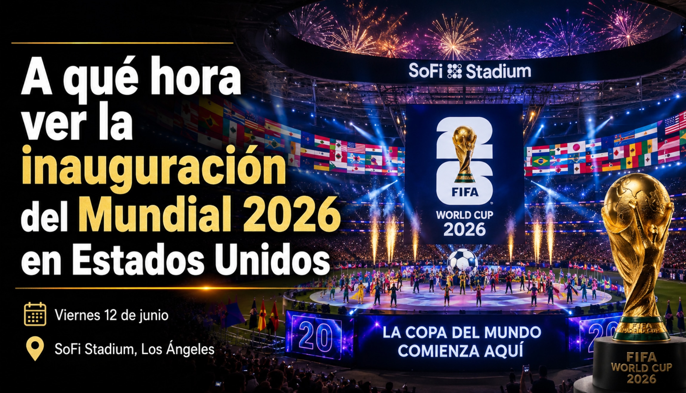 Consulta a qué hora se podrá ver la inauguración de la Copa Mundial de Fútbol 2026, este viernes 12 de junio, desde el SoFi Stadium de Inglewood, California. (Foto: Imagen creada por Depor utilizando la IA de Chat GPT)