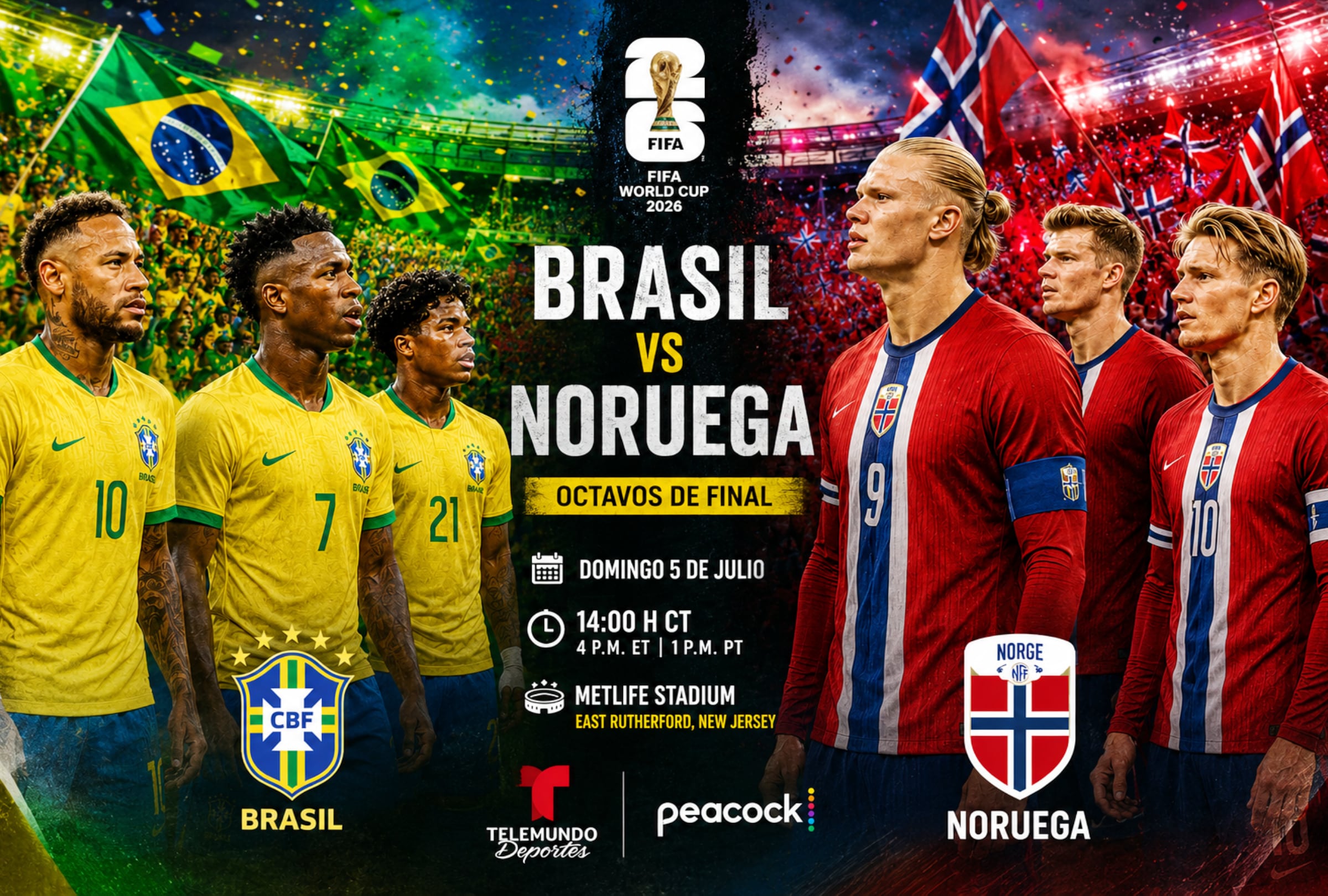 EAST RUTHERFORD, NUEVA JERSEY (ESTADOS UNIDOS), 05/07/2026.- Cobertura oficial de Telemundo Deportes EN VIVO ONLINE para ver el partido Brasil vs. Noruega hoy por los octavos de final del Mundial 2026 en el MetLife Stadium de East Rutherford, Nueva Jersey. FOTO DE NOÉ YACTAYO