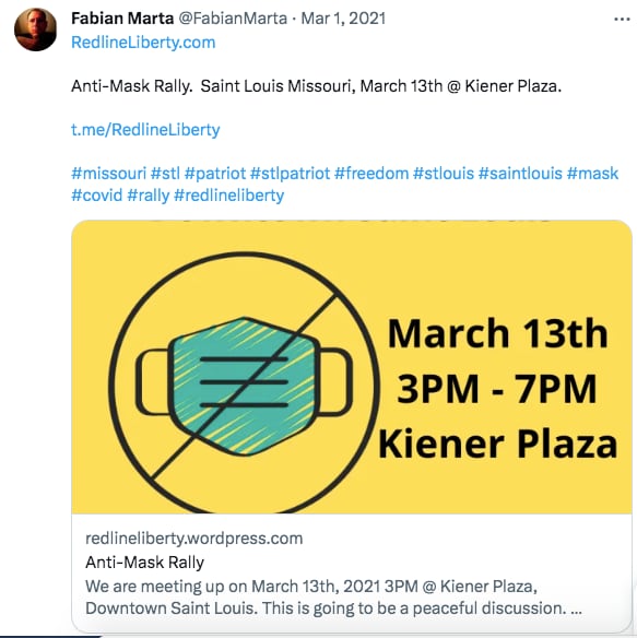 Publicación de Fabian Marta en Twitter donde convoca a sus seguidores a asistir a una manifestación en contra del uso de máscaras (Foto: Fabian Marta / Twitter)