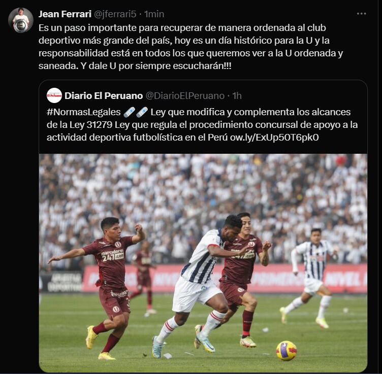 Jean Ferrari sobre ley que regula procedimiento concursal de clubes de fútbol. (Foto: Captura de X).