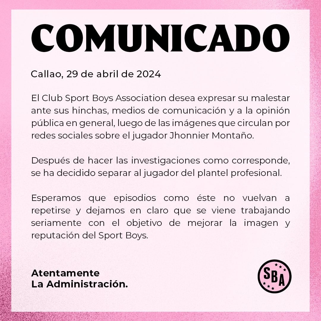 Sport Boys y el comunicado sobre el caso de Jhonnier Montaño Jr. (Imagen: Sport Boys)