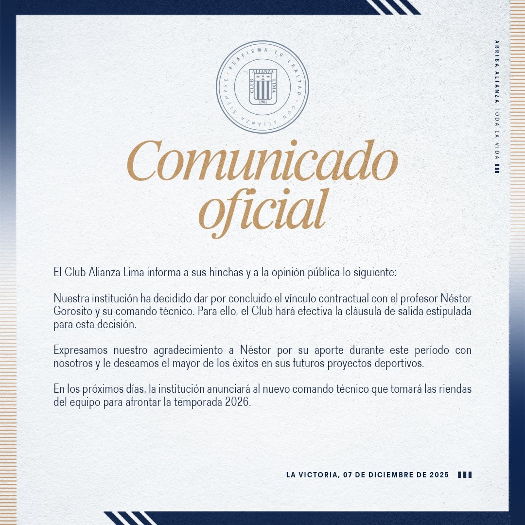 Alianza Lima publicó comunicado oficial sobre la salida de Néstor Gorosito.