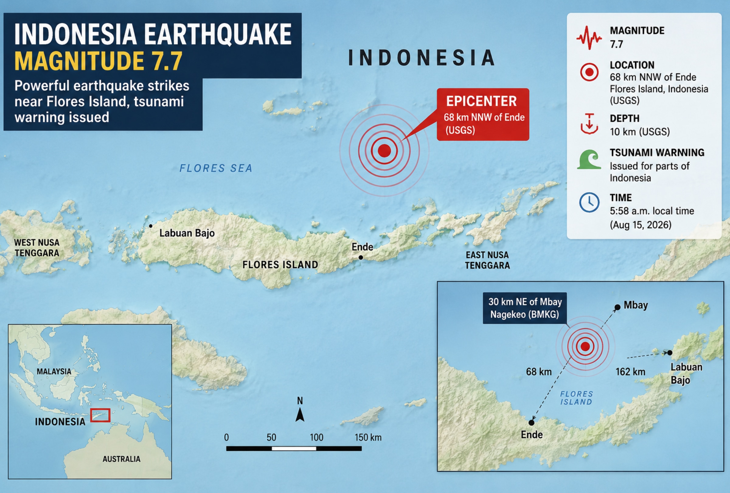 INDONESIA, 14/08/2026.- A major 7.7-magnitude earthquake struck Indonesia’s Flores region. Check the latest tsunami warning, earthquake location, aftershocks and damage reports. PHOTO BY NOÉ YACTAYO