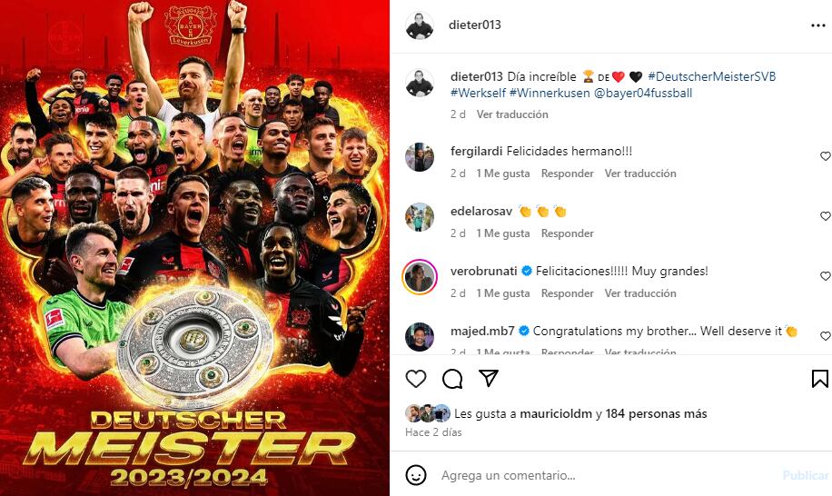 Dieter Schreiber celebró el título del Bayer Leverkusen en sus redes sociales. (Imagen: Difusión)