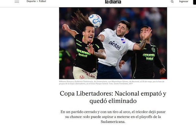 La reacción de la prensa uruguaya al empate entre Universitario vs. Nacional por la Copa Libertadores 2026. (Imagen: Captura)