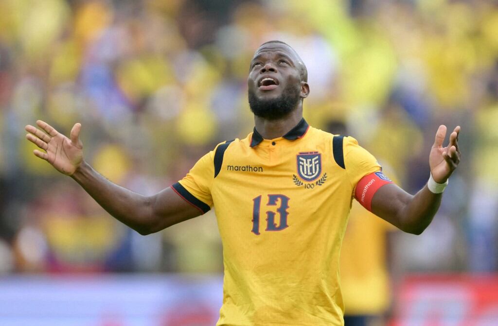 Ecuador's forward #13 Enner Valencia celebrates after scoring during the 2026 FIFA World Cup South American qualifiers football match between Ecuador and Venezuela, at the Rodrigo Paz Delgado stadium in Quito, on March 21, 2025. (Photo by Rodrigo BUENDIA / AFP)