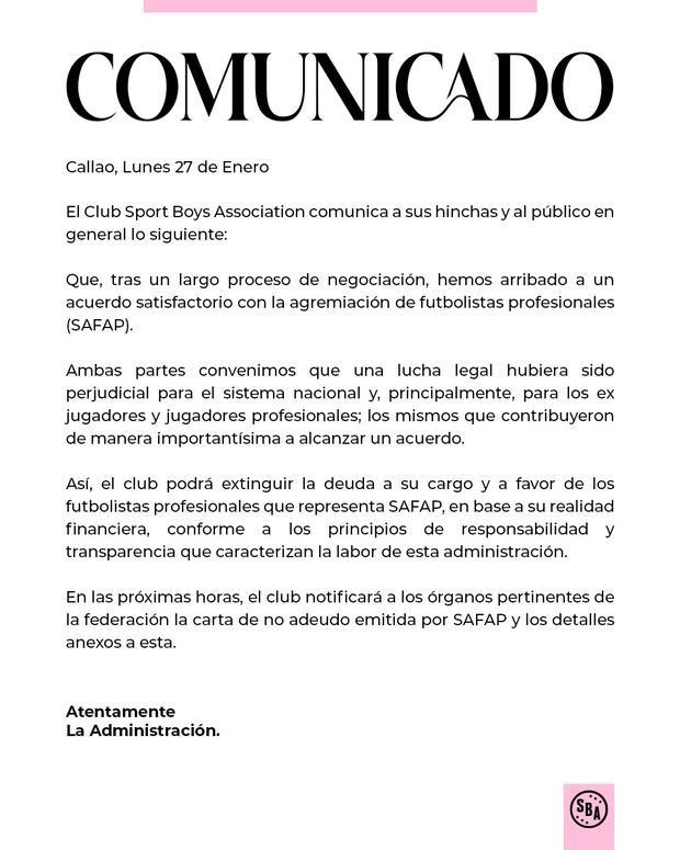 Sport Boys llegó a un acuerdo con SAFAP a la esperar de recuperar su licencia para participar en la Liga 1 2025 (Foto: @sportboys).