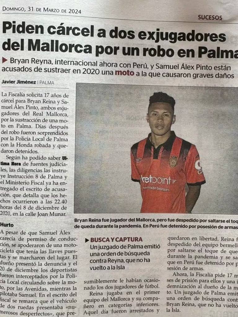 Recorte periodístico del informe de Última Hora sobre el caso de Bryan Reyna. (Foto: Última Hora)